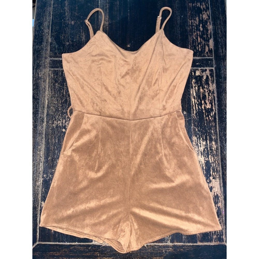 American Rag Cie Faux Suede Romper Camel Brown Sleeveless V-Neck Size 9